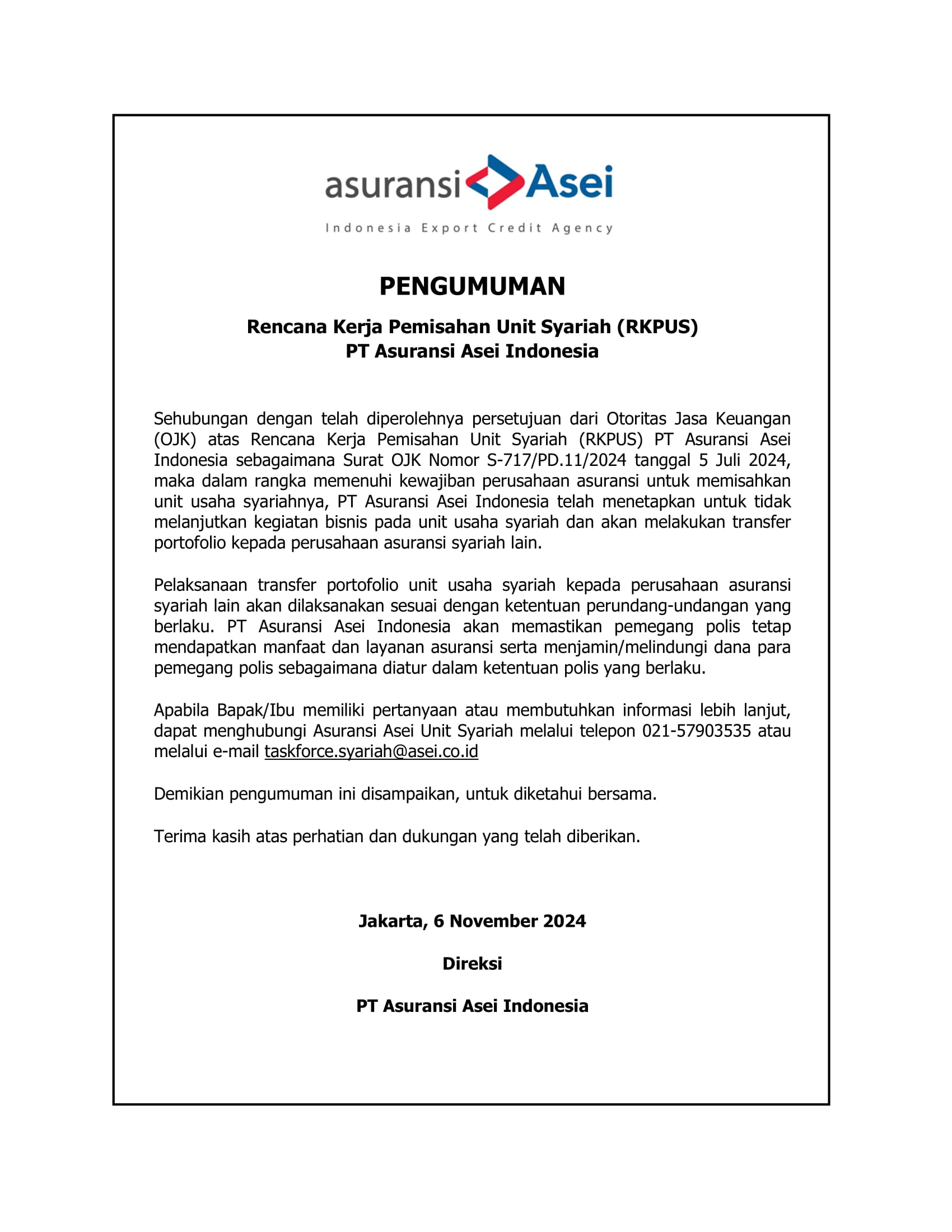 Rencana Kerja Pemisahan Unit Syariah (RKPUS)PT Asuransi Asei Indonesia